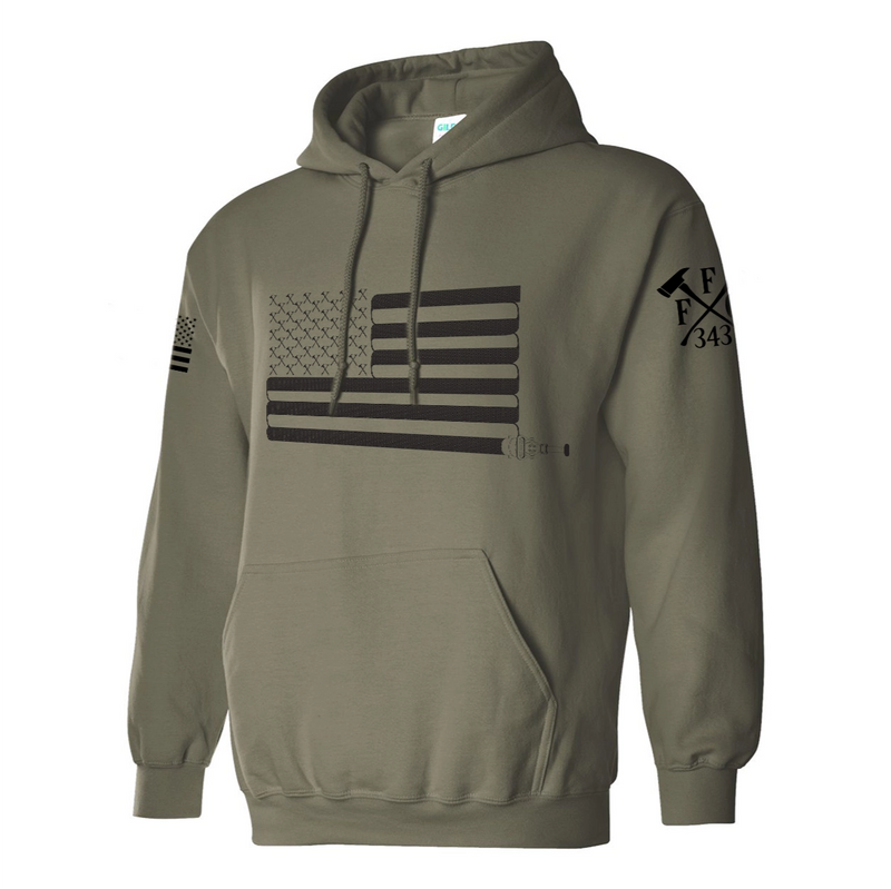 Left side view of a firefighter hoodies in military green color with the FFC 343 firefighter logo printed.