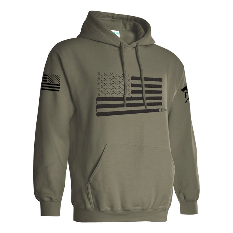 Right side view of a firefighter hoodies in military green color with the USA flag printed.