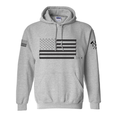 Front view of firefighter hoodies in grey color with a full front print of USA flag and a sword design perfect for fire department apparel