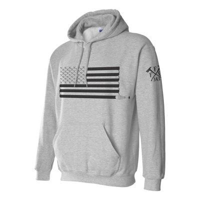 Left side view of a firefighter hoodies in grey color with the FFC 343 firefighter logo printed.