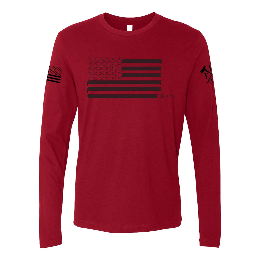 Front view of firefighter long sleeves in cardinal red color with a full front print of USA flag and a sword design perfect for fire department apparel