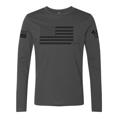 Front view of firefighter long sleeves in heavy metal color with a full front print of USA flag and a sword design perfect for fire department apparel