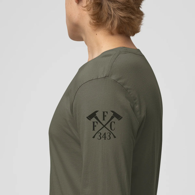 Left side view of a firefighter long sleeves in military green color with the FFC 343 firefighter logo printed.