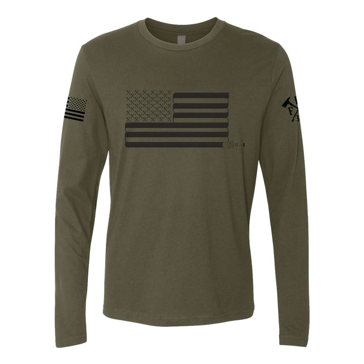 Front view of firefighter long sleeves in military green color with a full front print of USA flag and a sword design perfect for fire department apparel