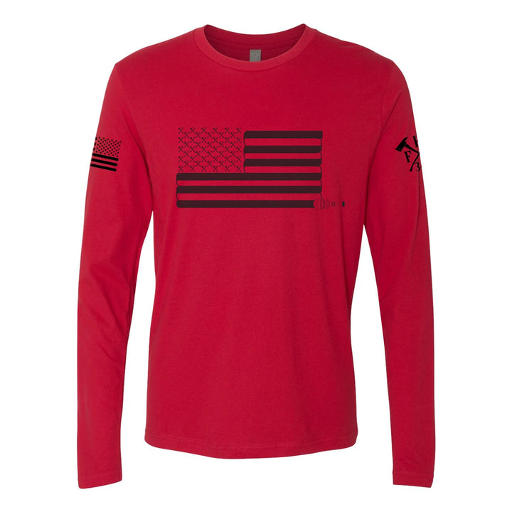 Front view of firefighter long sleeves in red color with a full front print of USA flag and a sword design perfect for fire department apparel