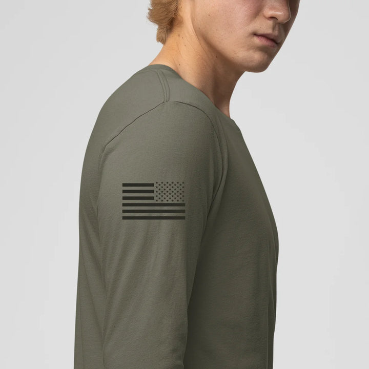 Right side view of a firefighter long sleeves in military green color with the USA flag printed.