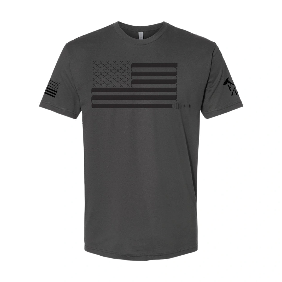 Front view of firefighter T-Shirt in heavy metal color with a full  front print of USA flag and a sword design perfect for fire department apparel.