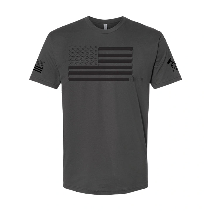 Front view of firefighter T-Shirt in heavy metal color with a full  front print of USA flag and a sword design perfect for fire department apparel.