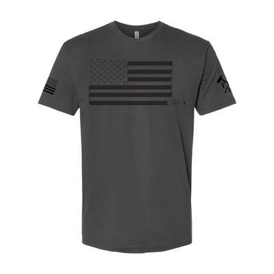 Front view of firefighter T-Shirt in heavy metal color with a full  front print of USA flag and a sword design perfect for fire department apparel.