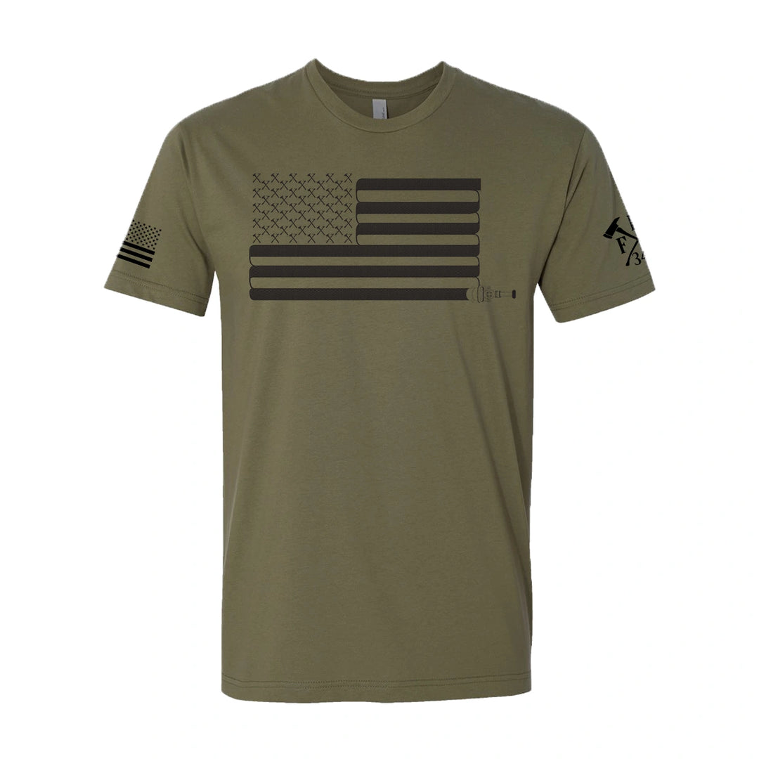 Front view of firefighter T-Shirt in military green color with a full  front print of USA flag with a sword design perfect for fire department apparel.