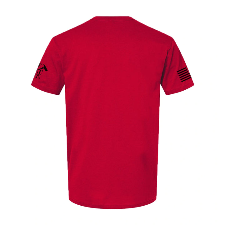 Back view of red firefighter t-shirt, showing plain back design. Left sleeve features firefighter logo, right sleeve with USA flag.