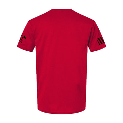 Back view of red firefighter t-shirt, showing plain back design. Left sleeve features firefighter logo, right sleeve with USA flag.