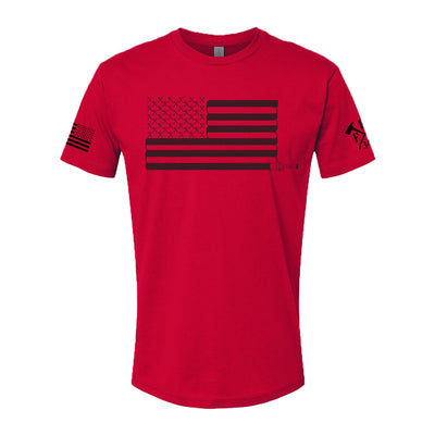 Front view of firefighter T-Shirt in red color with a full  front print of USA flag and a sword design perfect for fire department apparel.