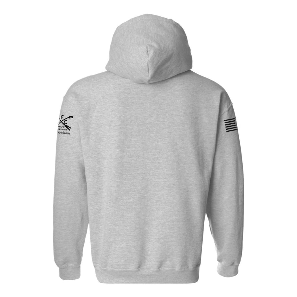 Back view of FFC 343 The Heroes Flag firefighter hoodie in Sports Grey, plain back with FFC logo and flag sleeve prints