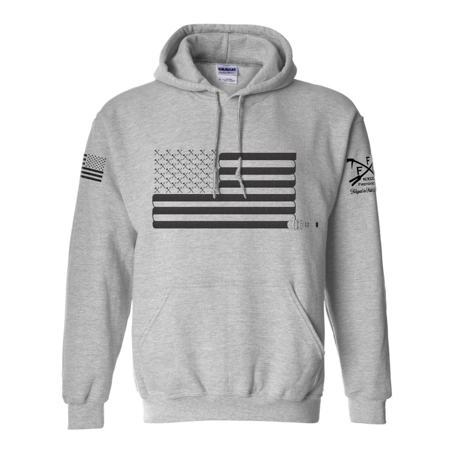 FFC 343 The Heroes Flag firefighter hoodie in Sports Grey, front view with American flag made of fire hose chest print and FFC logo sleeve