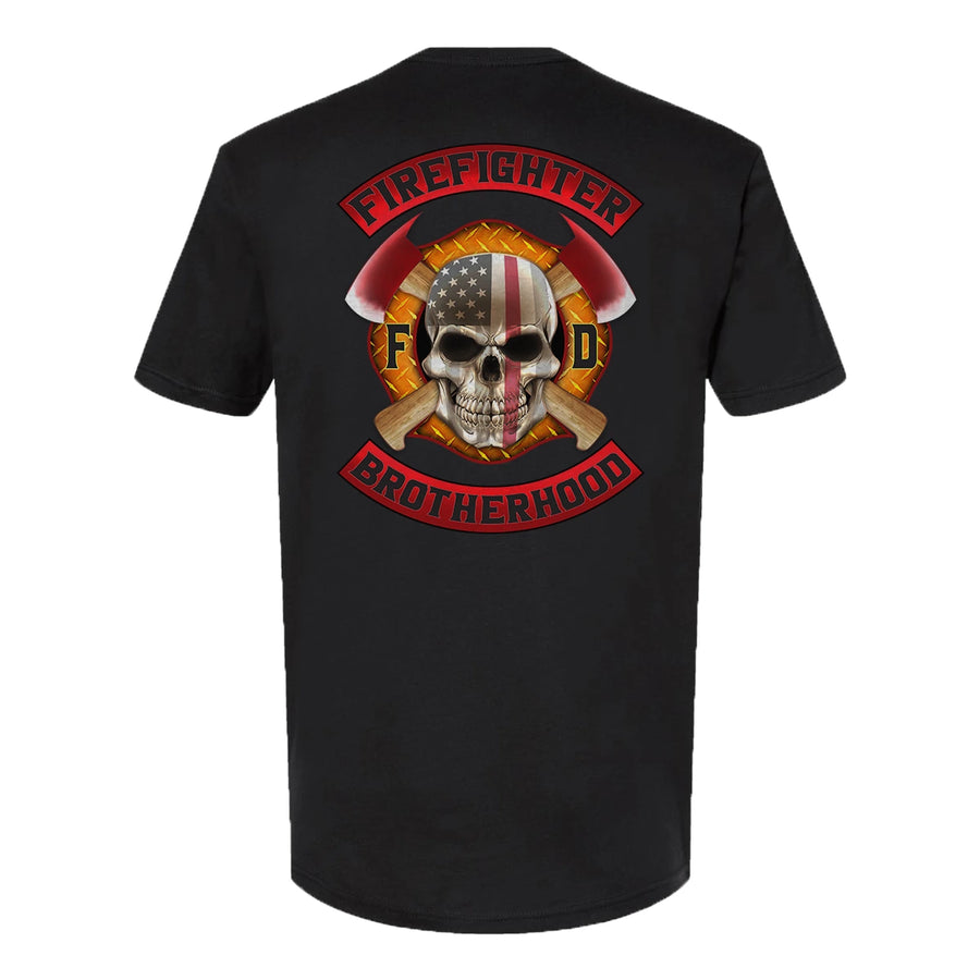 Black firefighter T-shirt featuring a full back print of a skull design with an American flag and crossed axes, and a matching design on the left chest.