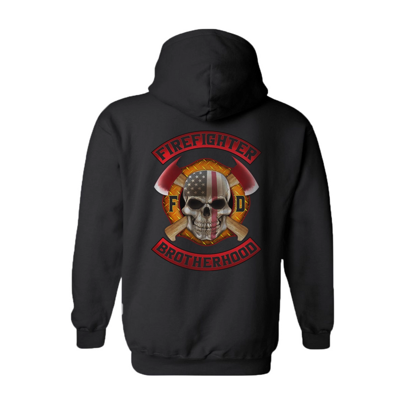 Black firefighter hoodies featuring a full back print of a skull design with an American flag and crossed axes, and a matching design on the left chest.