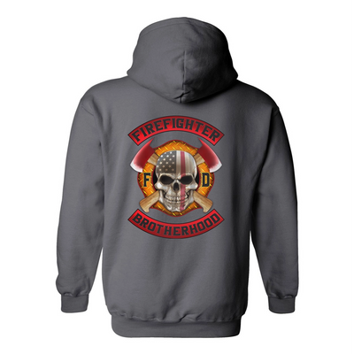 Grey firefighter hoodies featuring a full back print of a skull design with an American flag and crossed axes, and a matching design on the left chest.