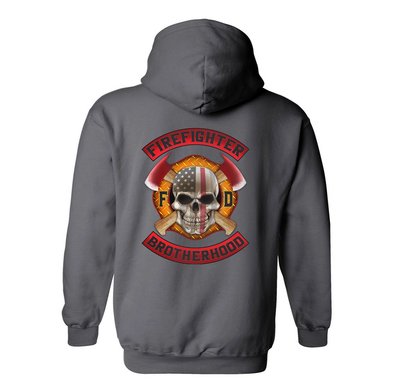 Grey firefighter hoodies featuring a full back print of a skull design with an American flag and crossed axes, and a matching design on the left chest.