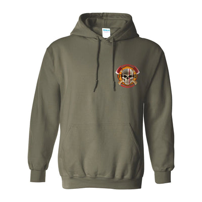 Front view of firefighter hoodies in military green color with a left chest print design of a skull with an American flag and crossed axes for fire department apparel.