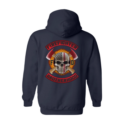 Navy firefighter hoodies featuring a full back print of a skull design with an American flag and crossed axes, and a matching design on the left chest.