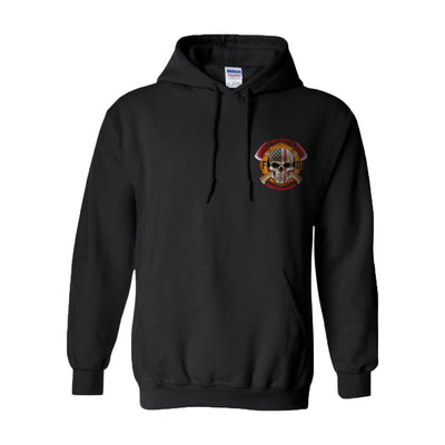 Front view of firefighter hoodies in black color with a left chest print design of a skull with an American flag and crossed axes for fire department apparel.