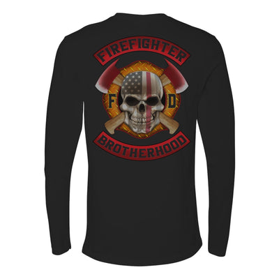 Black firefighter long sleeves featuring a full back print of a skull design with an American flag and crossed axes, and a matching design on the left chest.