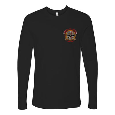 Front view of firefighter long sleeves in black color with a left chest print design of a skull with an American flag and crossed axes for fire department apparel.