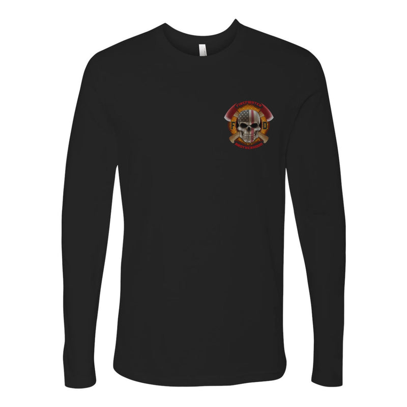 Front view of firefighter long sleeves in black color with a left chest print design of a skull with an American flag and crossed axes for fire department apparel.