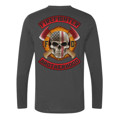 Heavy metal firefighter long sleeves featuring a full back print of a skull design with an American flag and crossed axes, and a matching design on the left chest.