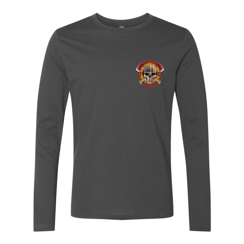 Front view of firefighter long sleeves in heavy metal color with a left chest print design of a skull with an American flag and crossed axes for fire department apparel.