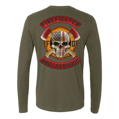 military green firefighter long sleeves featuring a full back print of a skull design with an American flag and crossed axes, and a matching design on the left chest.