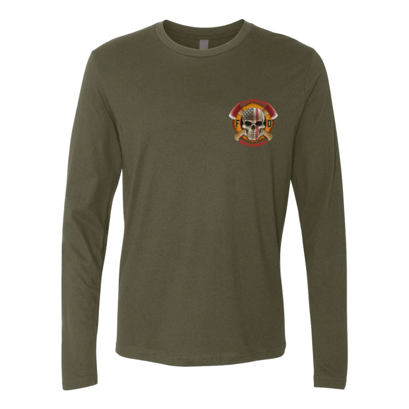 Front view of firefighter long sleeves in military green color with a left chest print design of a skull with an American flag and crossed axes for fire department apparel.