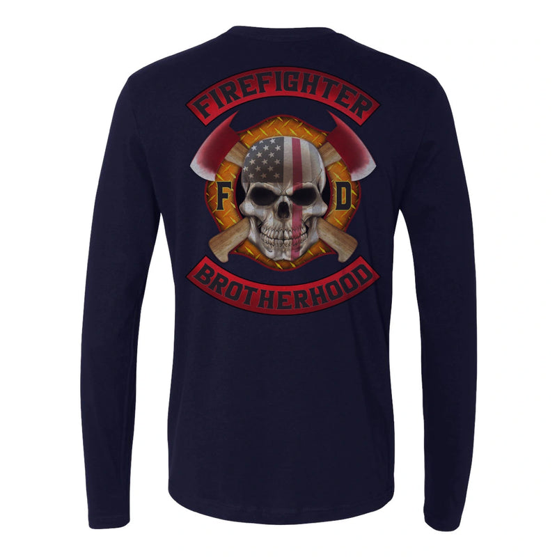 navy firefighter long sleeves featuring a full back print of a skull design with an American flag and crossed axes, and a matching design on the left chest.