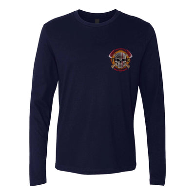 Front view of firefighter long sleeves in navy color with a left chest print design of a skull with an American flag and crossed axes for fire department apparel.