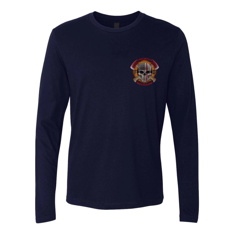 Front view of firefighter long sleeves in navy color with a left chest print design of a skull with an American flag and crossed axes for fire department apparel.