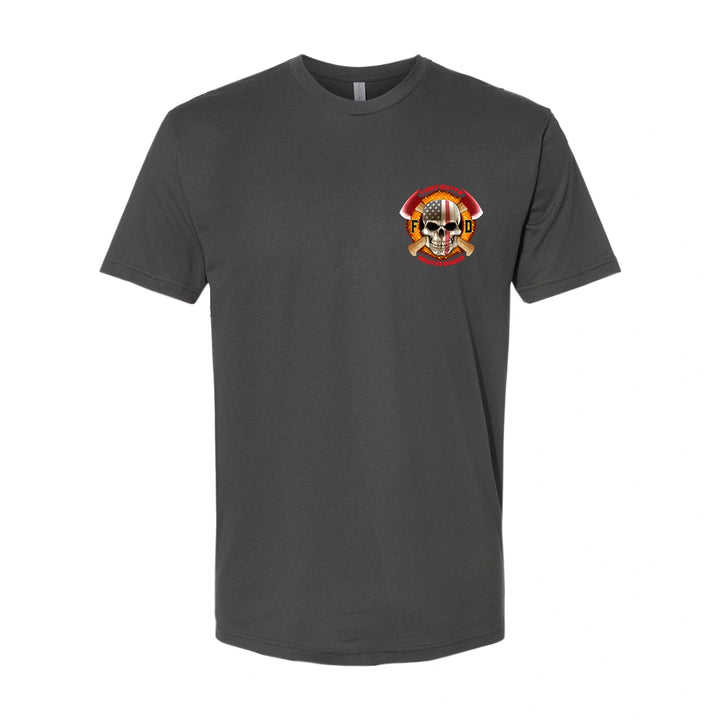 Front view of firefighter T-Shirt in heavy metal color with a left chest print design of a skull with an American flag and crossed axes for fire department apparel.