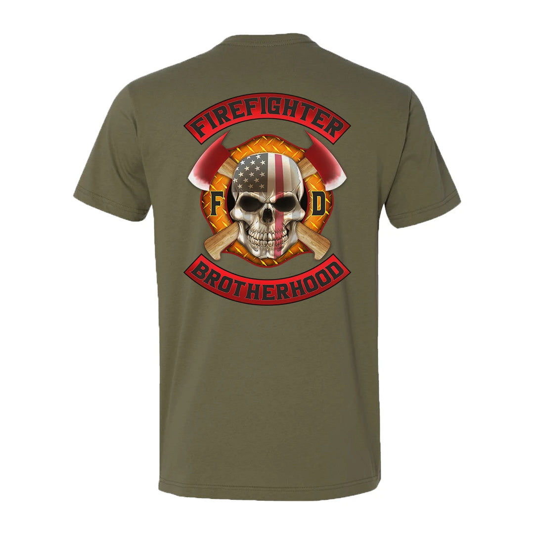 Military green firefighter T-shirt featuring a full back print of a skull design with an American flag and crossed axes, and a matching design on the left chest.