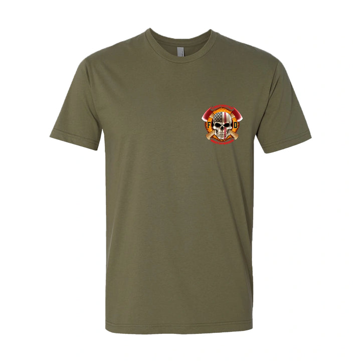 Front view of firefighter T-Shirt in military green color with a left chest print design of a skull with an American flag and crossed axes for fire department apparel.