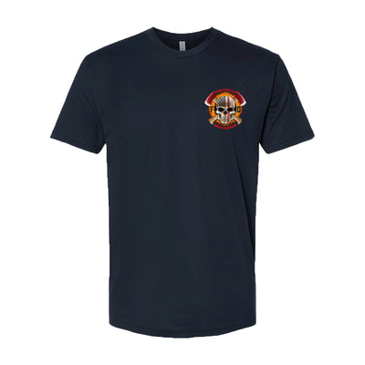 Front view of firefighter T-Shirt in navy color with a left chest print design of a skull with an American flag and crossed axes for fire department apparel.