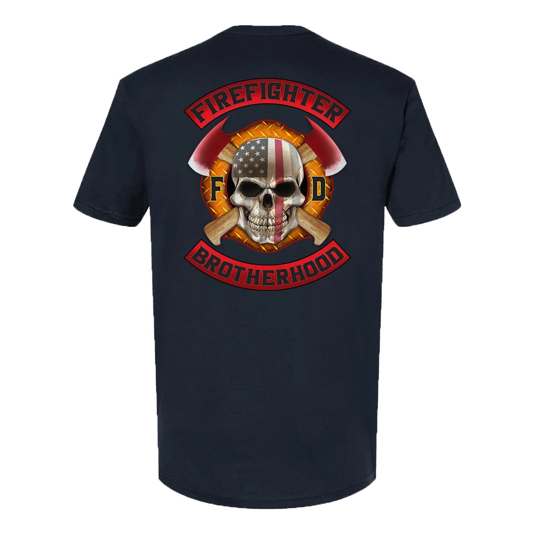 Navy colored firefighter T-shirt featuring a full back print of a skull design with an American flag and crossed axes, and a matching design on the left chest.