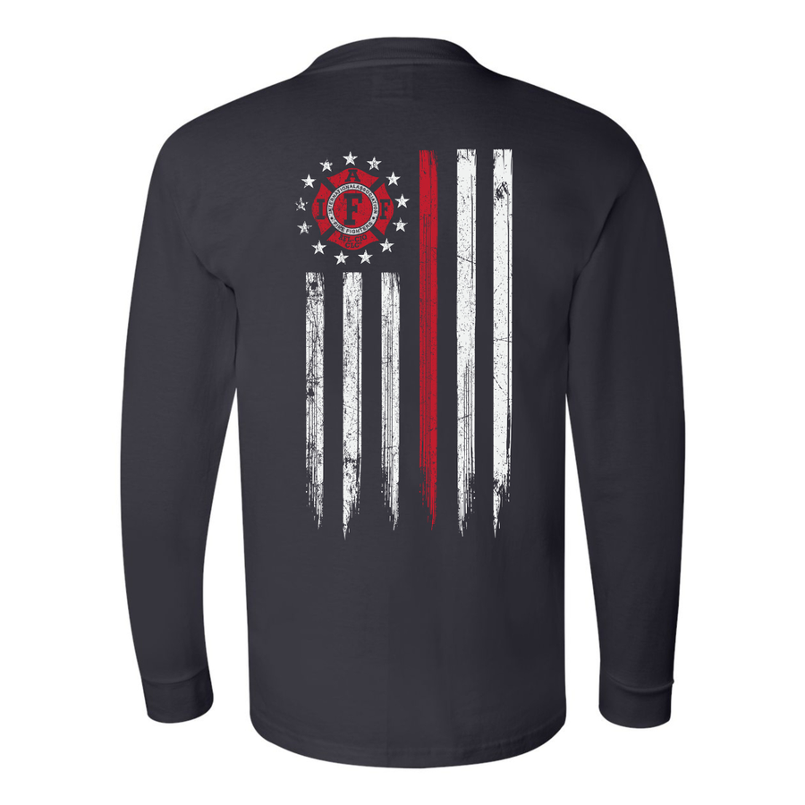 IAFF firefighter long sleeves featuring a full back design of an IAFF Thin Red Line Flag, a distressed American flag with the IAFF logo 