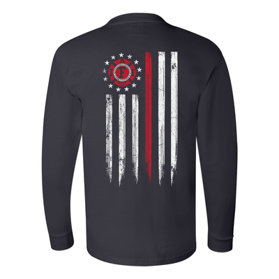 IAFF firefighter long sleeves featuring a full back design of an IAFF Thin Red Line Flag, a distressed American flag with the IAFF logo 