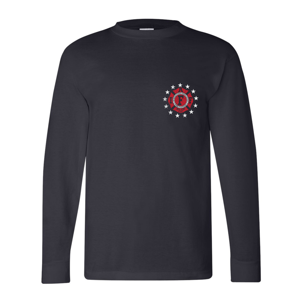 Front view of an IAFF firefighter long sleeves in navy color with a left chest print design featuring an IAFF logo