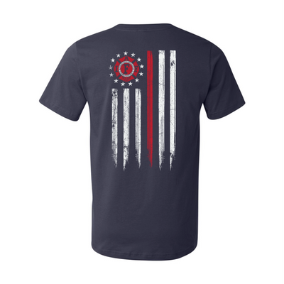 Black IAFF firefighter T-shirt featuring a full back design of an IAFF Thin Red Line Flag, a distressed American flag with the IAFF logo 