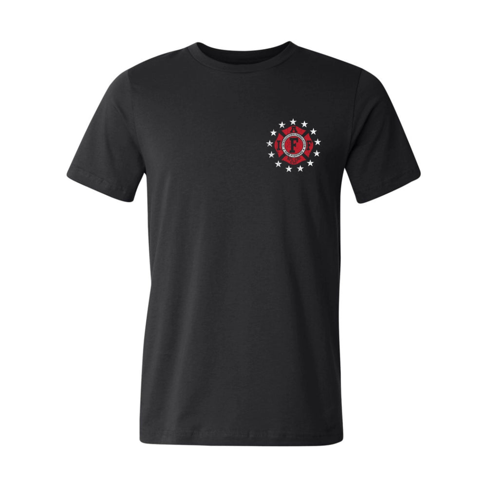 Front view of an IAFF firefighter T-Shirt in black color with a left chest print design featuring an IAFF logo