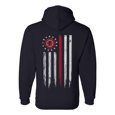 IAFF firefighter hoodies featuring a full back design of an IAFF Thin Red Line Flag, a distressed American flag with the IAFF logo 