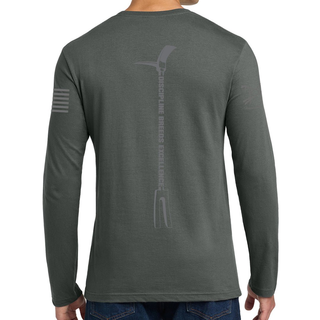 A man wearing a dark gray long-sleeve t-shirt, viewed from the back #color_charcoal