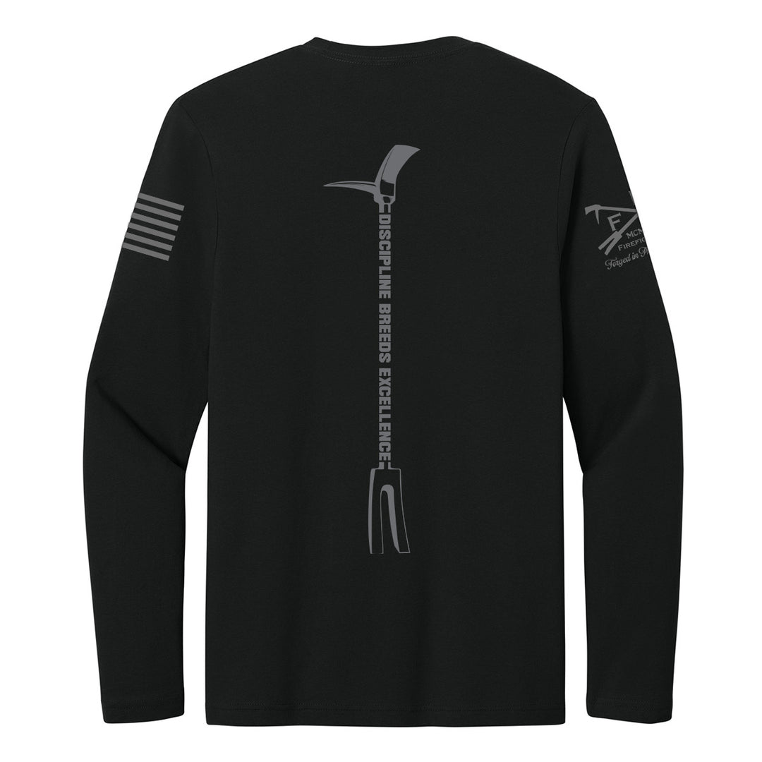 A black long-sleeve t-shirt with gray graphic prints on the back and sleeves, displayed against a solid white background. #color_black