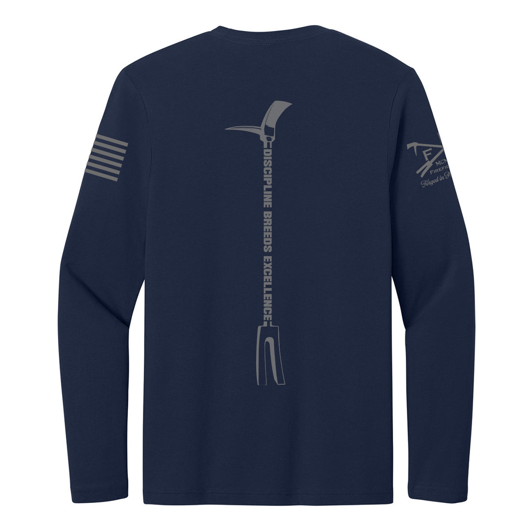 A navy blue long-sleeve t-shirt shown from the back, featuring a vertical gray graphic of a pickaxe #color_navy